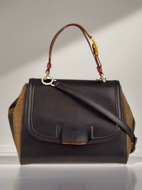 FENDI Silvana Pequin Striped Leather Satchel Bowler Bag Brown Black Gold Luxury